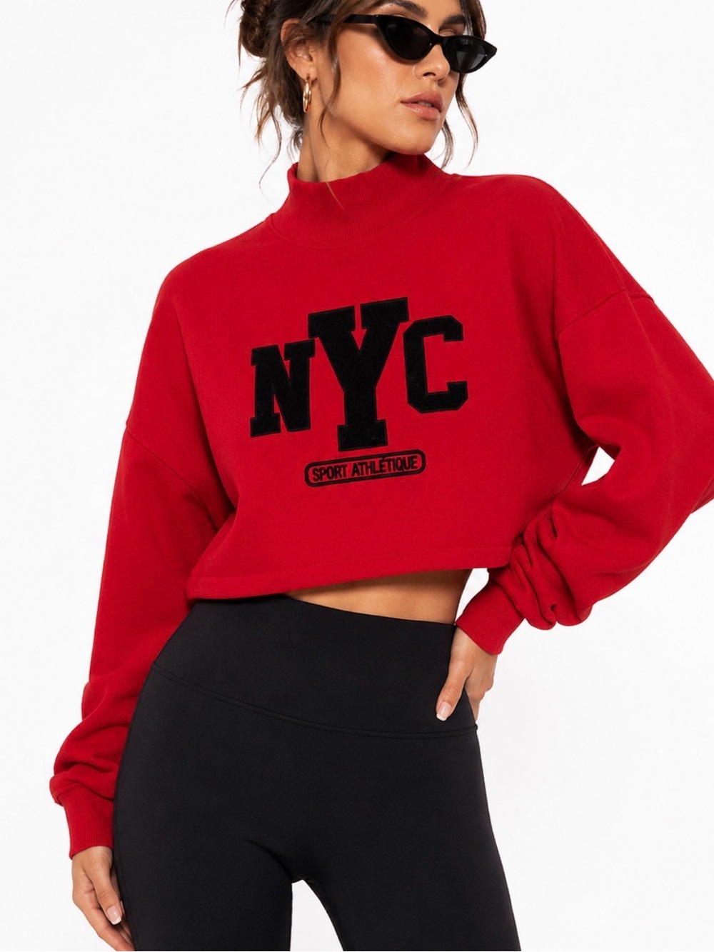 Express Red Cropped Mock-Neck Sweater with Black NYC Logo